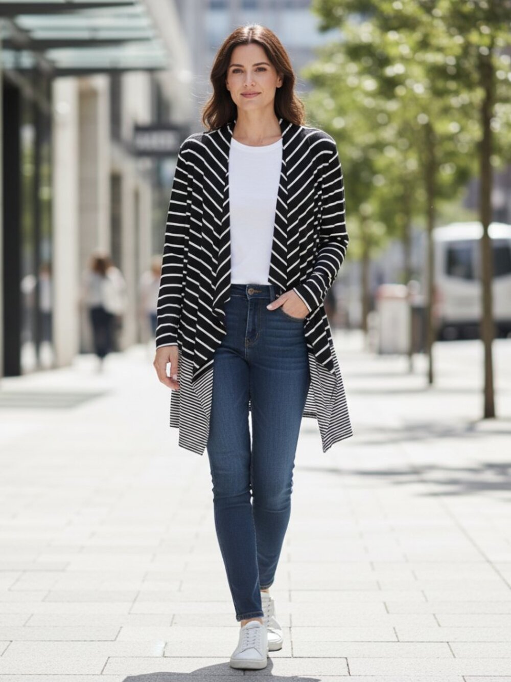 Terra Sky 2x Women's Black White Striped Open Kimono Shawl Coverup Office Casual